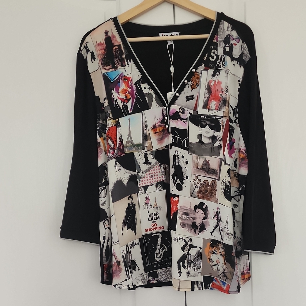 New Black and White Graphic 3/4 Sleeve Blouse